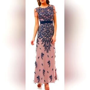 JS Collections Blush Pink and Navy Embroidered Lace Evening Gown